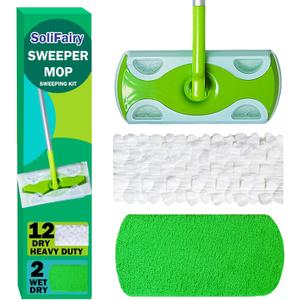 Sweeper Mop, Dry & Wet 2-in-1 Floor Mopping and Sweeping Kit, Includes 51" Sweeper Handle, 12 Heavy Duty Dry Cloths, 2 Reusable Wet & Dry Pads for Swiffer Sweeper, Dust Mop
