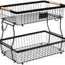 Lawhood-Mijin Fruit Basket Bowl 2 Tier Detachable with 2 Banana Hangers, Fruit Stand Holder for Kitchen Countertop, Metal Wire Vegetable Storage Organizer, for Bread Snack Veggies Produce, Black