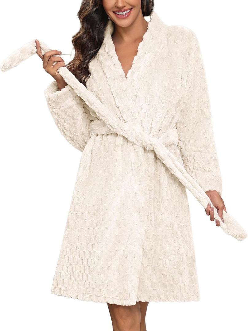 Ekouaer Women White Robe Warm Knee Length Soft Warm Plush Bathrobe Fuzzy Loose Winter Petite Fleece Lounge Robes White S