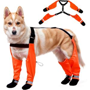 Dog Suspender Boots, Large Dog Rain Boots, Waterproof Doggy Winter Boot Snow Pants, Paw Protectors Legging Shoes with Suspenders, Anti-Slip Rain Boot (Large, Orangec)