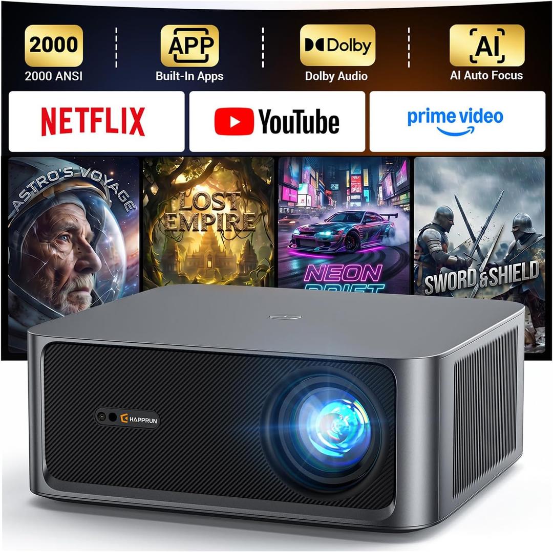 2000 ANSI Lumens Outdoor Projector with Built-in Streaming Apps, HAPPRUN 4K Decoding Movie Home Theater with Auto Focus, Dolby Audio, Wi-Fi Bluetooth, Compatible with Phone & PC, Indoor & Outdoor Use
