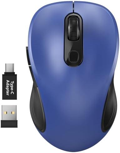 WisFox 2.4G Wireless Mouse for Laptop, Ergonomic Computer Mouse with USB Receiver and Type-C Adapter, 3 Adjustable Levels, 6 Button Cordless Wireless Mice for Windows Mac PC Notebook (Blue)