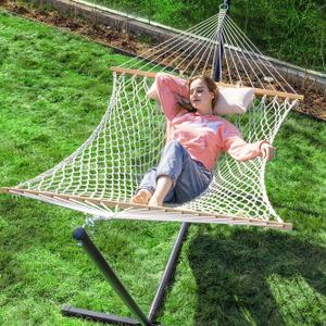 PNAEUT Double Rope Hammock with Stand Included, 12ft Heavy Duty Stand, 2 Person Traditional Cotton Rope Hammocks with Pillow for Outside Porch Patio Backyard Outdoor, Max 475lbs Capacity (Burlywood) (Natural)