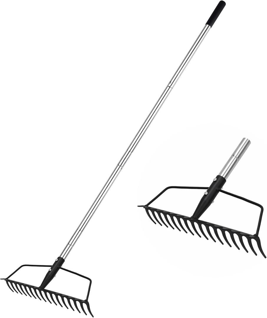 Garden Rake, Metal Sturdy and Heavy Duty Metal Rake, 16-Tine Bow Rake with Adjustable Stainless Steel Handle, Long Shaft for Loosening Soil, Leveling Mulch, Gathering Leaves