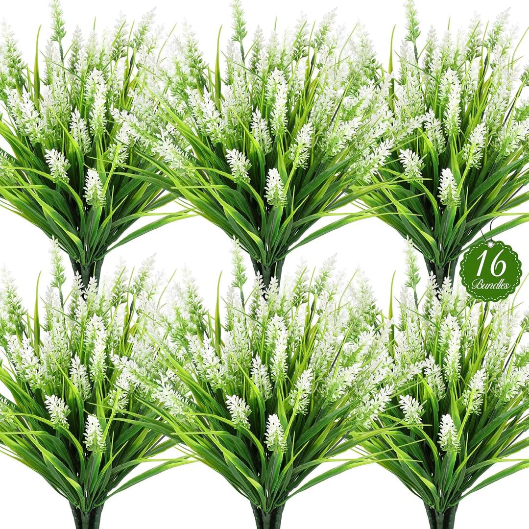 16 Bundles Artificial Plants Outdoor, UV Resistant Fake Lavender & Monkey Grass, Realistic Plastic Faux Plants for Balcony, Patio, Porch Greenery Decor, Planter Filler(White)