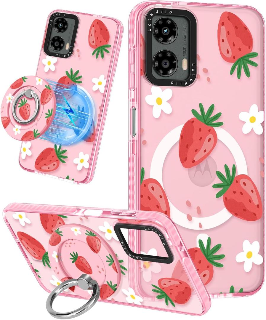 Lotadilo Cute Case for Moto G 5G 2024 for Women Girls - Funny Strawberry Flower Design Compatible with Magsafe Ring Holder Magnetic Stand Kickstand Fashion TPU Phone Covers Kawaii