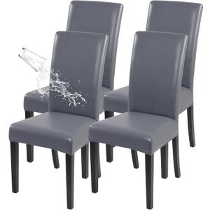 4 x SearchI Waterproof PU Leather Dining Chair Covers Set of 4, Stretch Oilproof Parsons Chair Slipcovers Removable Washable Kitchen Chair Protector for Dining Room (Gray)