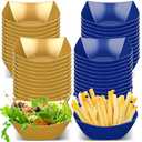 Newtay 100 Pcs Square Plastic Serving Bowl with Food Pick Disposable Snack Salad Buffet Bowl Candy Chip Fruit Dish Bar Containers Dessert Plate Party Supplies (8 oz,Blue and Gold)