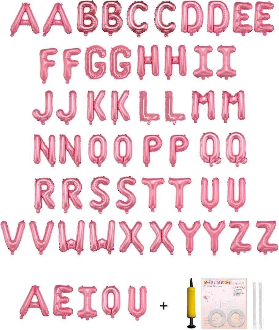 58 PCS Letter Balloons Alphabet Letters 2 Sets A- Z & 1 Sets AEIOU 16 - Inch Mylar Foil Balloons Set for Wedding/Birthdays/Annivs/Grads party Decoration Banner Custom Phrase (Pastel Pink)