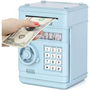Refasy Piggy Bank Cash Coin Can ATM Bank Electronic Coin Money Bank for Kids Age 3-12, Money Savings Box Mini ATM Coin Bank Toys Gifts for 3 4 5 6 7 8 9 10 11 12 Year Old Boys Girls (Light Blue)