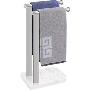 NearMoon Hand Towel Holder with Balanced Marble Base, SUS304 Stainless Steel Stand Towel Ring L Shape Hand Towel Rack Free-Standing Towel Bar for Bathroom Kitchen Countertop, (Double Rod Brushed Nickel)