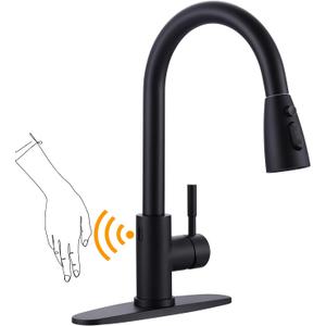 WOWOW Touchless Kitchen Faucet with Sprayer, Smart Motion Sensor Matte Black Kitchen Sink Faucet, Stainless Steel Kitchen Faucet for Sink 1 or 3 Hole Single Handle Kitchen Tap