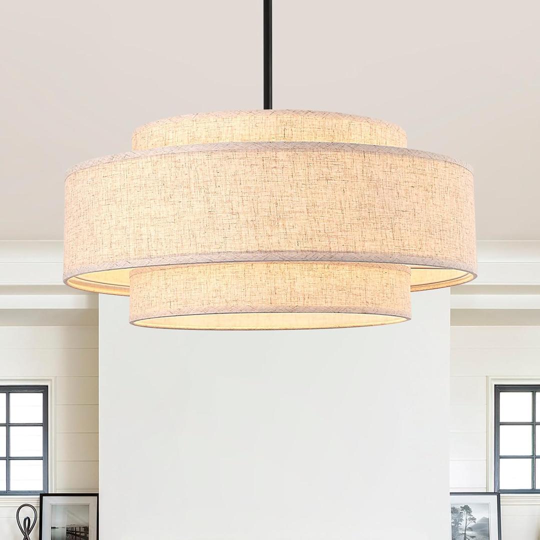 Black Modern Chandelier 20'' Linen Drum Chandeliers with 3 Layer Fabric Lampshade Pendant Light Fixture 4-Light Farmhouse Chandeliers for Dining Room Bedroom Kitchen Hallway Foyer