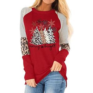 Christmas T Shirt Womens Merry and Bright Shirt Xmas Leopard Print Tree T-Shirt Holiday Graphic Tee Tops, Medium