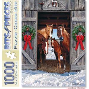 Bits and Pieces  1000 Piece Jigsaw Puzzle for Adults  Horse Barn Christmas - Winter Holiday Scene Jigsaw Puzzle by Artist Russell Cobane, Completed Puzzle Size: 20" x 27"