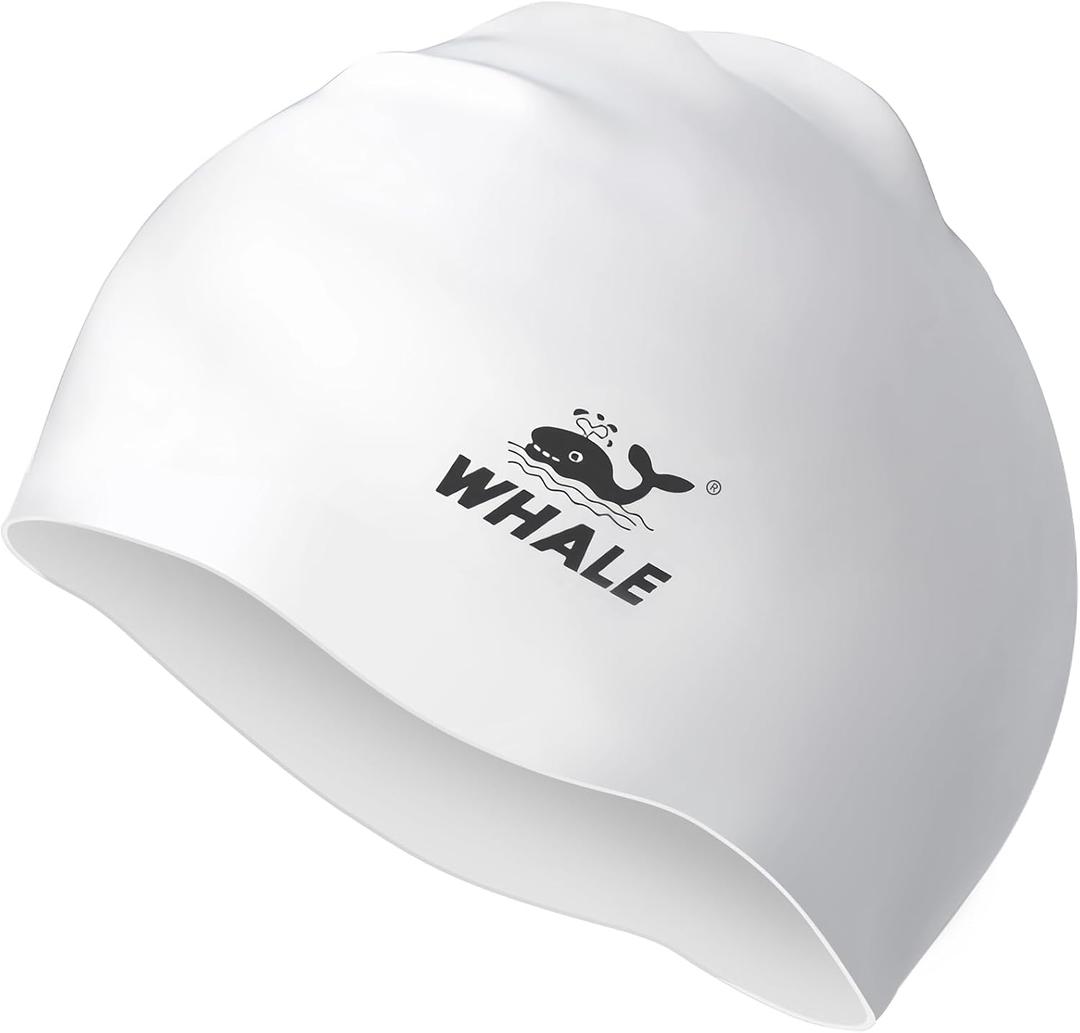 WHALE Extra Large Swim Cap for Women and Men, Durable Silicone Swim Cap with Ear Protection, Unisex Adult Swim Caps for Long, Thick, Curly Hair, Dreadlocks, Braids, Weaves, and Afro Hair (Bright white)
