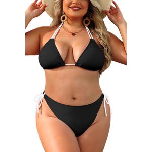 Daci Women Plus Size Triangle Bikini Sets Two Piece Double Straps Halter Swimsuit Side Tie String Sexy Bathing Suits (Black2, 18 Plus)
