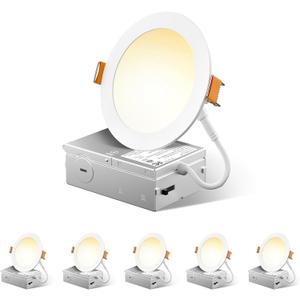 FREELICHT 6 Pack 4 Inch 5CCT Ultra-Thin LED Recessed Ceiling Light with Junction Box, 2700K/3000K/3500K/4000K/5000K Selectable, 700LM Brightness, Dimmable Canless Wafer Downlight, 10WEqv90W-ETL&FCC