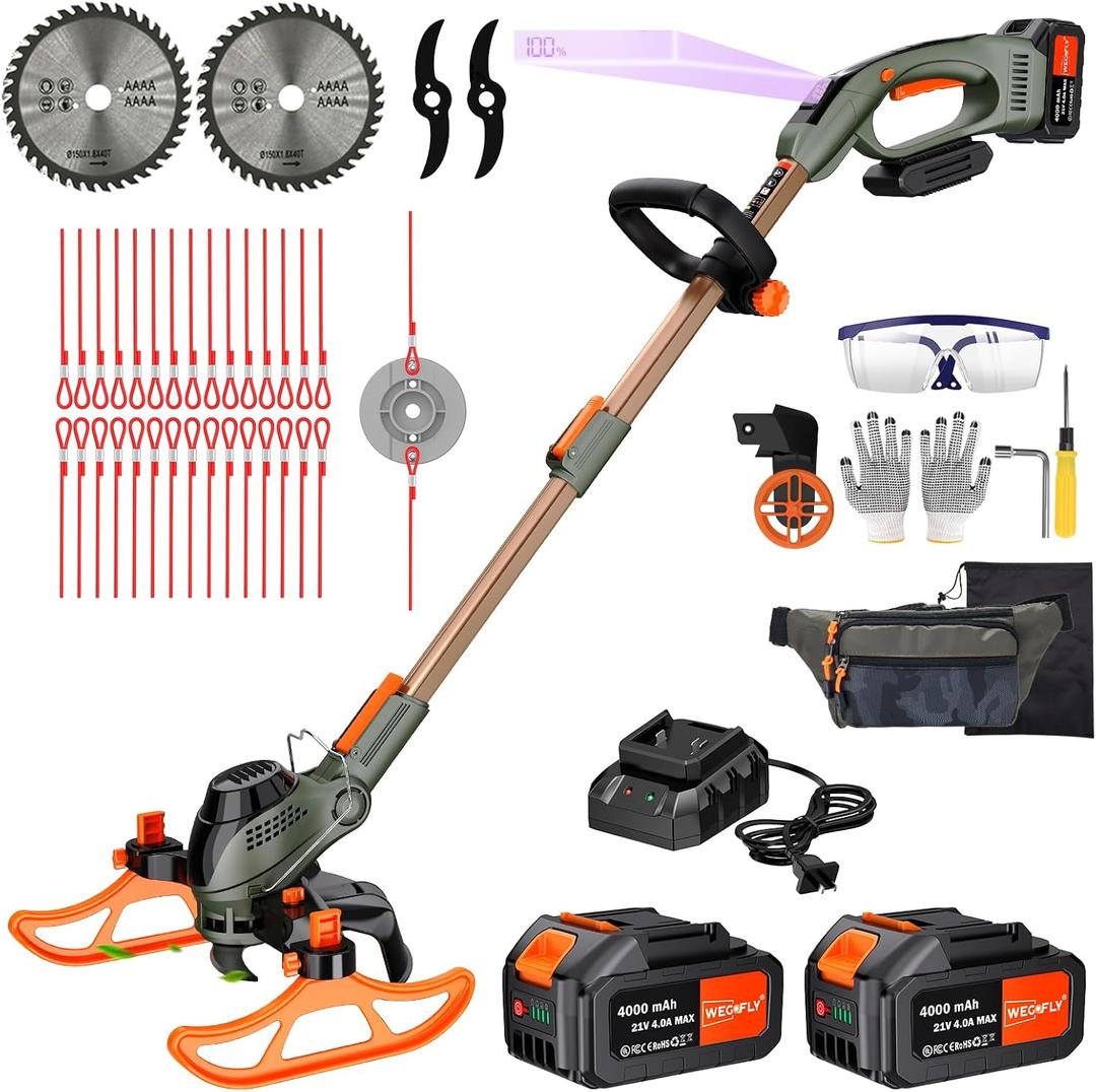 12-Inch Cordless String Trimmer & Edger, (2 x 21V 4.0Ah Electric Brush Cutter Battery Powered), with Auxiliary Bracket, Side Ball, 90 Rotary Head, Telescopic Handle, 3 Cutting Methods(WEG21T)