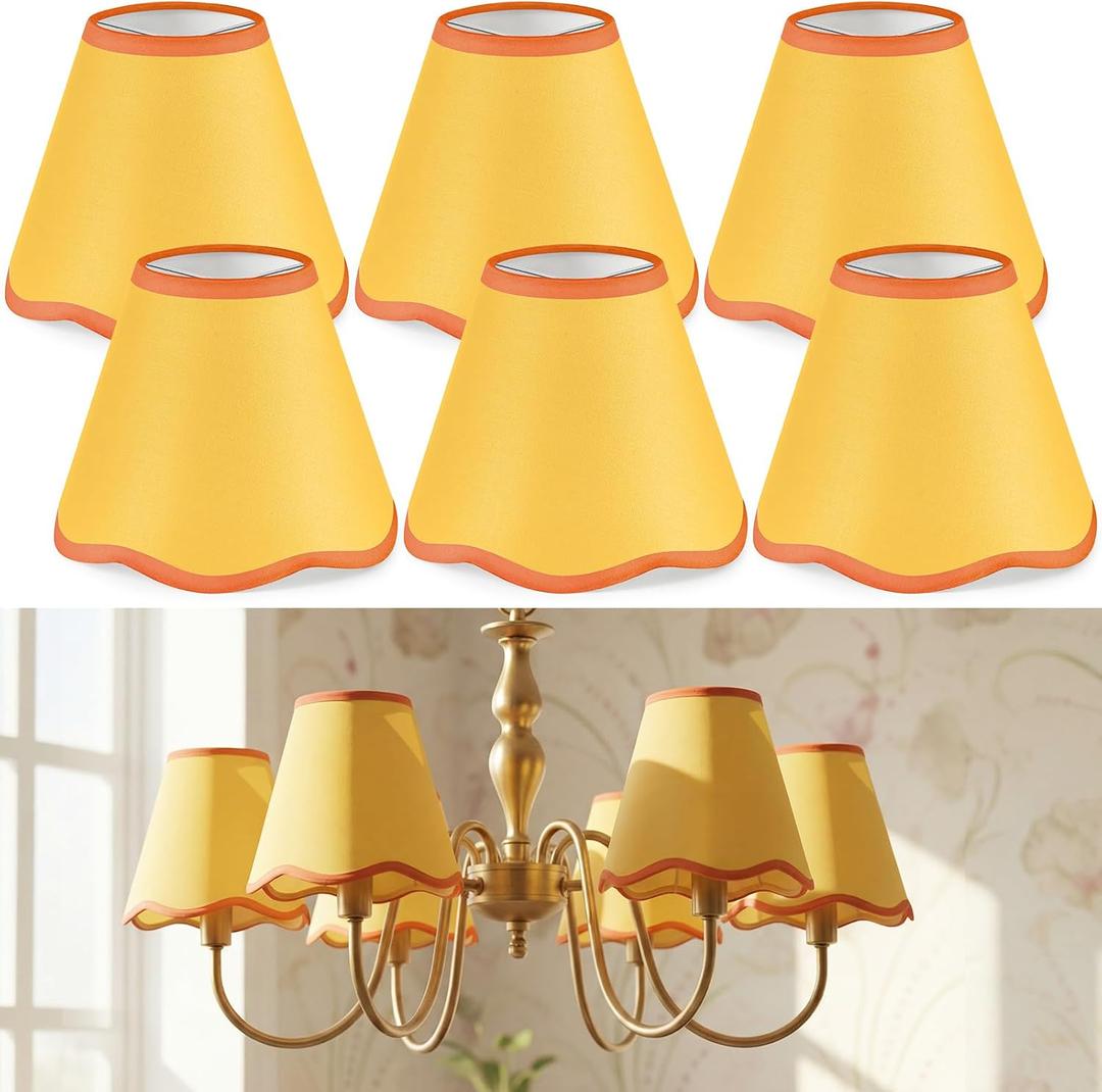 VIHOSE 6 Pack Chandelier Lamp Shades Mini Scalloped Bell Shade With Petal Edges 2.9" Top x 5.9" Bottom x 5.1"High Fabric Lampshade Clip On Bulb For Wall Living Room Bedroom Easy Assembly (Orange)
