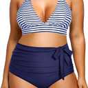 Daci Women Plus Size Two Piece Bikini Halter Swimsuits High Waisted Swimwear Tummy Control Bathing Suits Blue Stripe 16W Plus