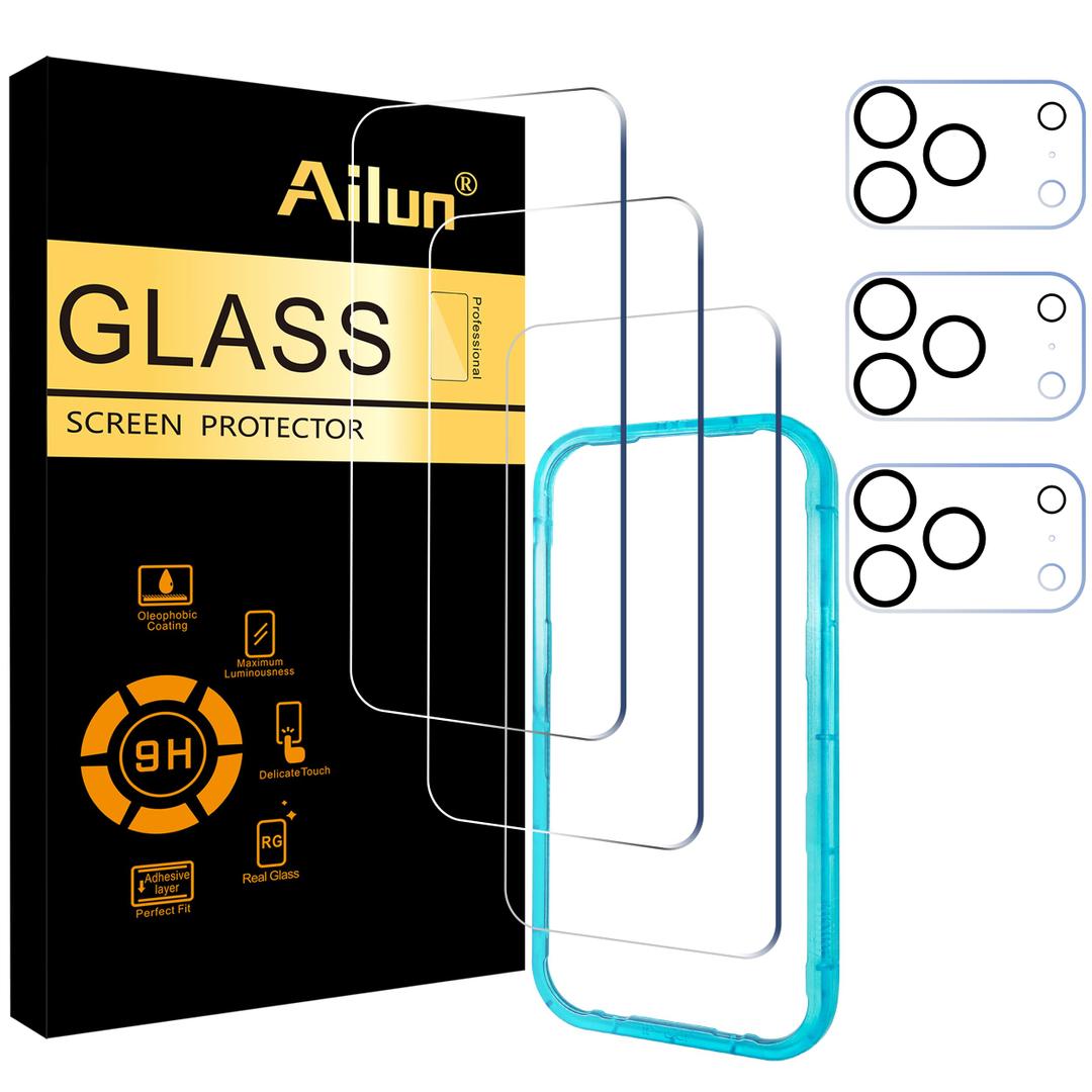Ailun 3 Pack Screen Protector for iPhone 17 Pro [6.3 inch] + 3 Pack Camera Lens Protector with Installation Frame,Sensor Protection,Dynamic Island Compatible,Case Friendly Tempered Glass Film