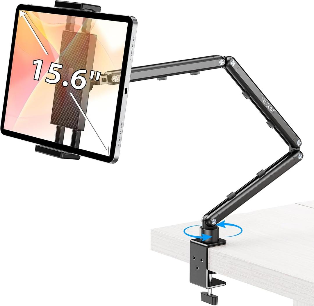 Urmust Tablet Stand for Desk, Adjustable iPad Holder for Bed, 360 Rotation, Sturdy Aluminum Tablet Arm Mount for 4.7"-15.6" iPad Pro/Air/Mini, iPhone, Galaxy Tab, for Kitchen, Work, Video Call