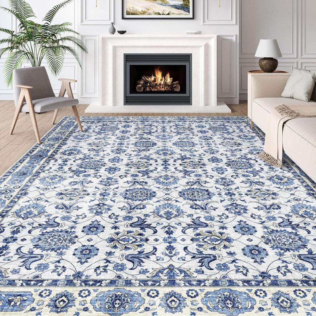 BLISSA Washable Area Rug 8x10 - Large Delft Blue Boho Rugs for Living Room Soft Vintage Oriental Floral Retro Carpet Stain Resistant Accent Rug for Bedroom Dining Room Under Table Home Office Decor
