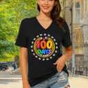 100 Days of School Shirt Teacher Happy 100th Day of School Graphic T-Shirt Casual V Neck Short Sleeve Tee Tops (Black, XL)