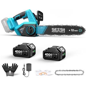 SEESII Electric Chainsaw Cordless 12-inch, Handheld Chain Saws with 2 x 4.0Ah Battery, Tree Saw with Tool-free Chain Tension, Auto Oiling for Wood Cutting Trimming Branch