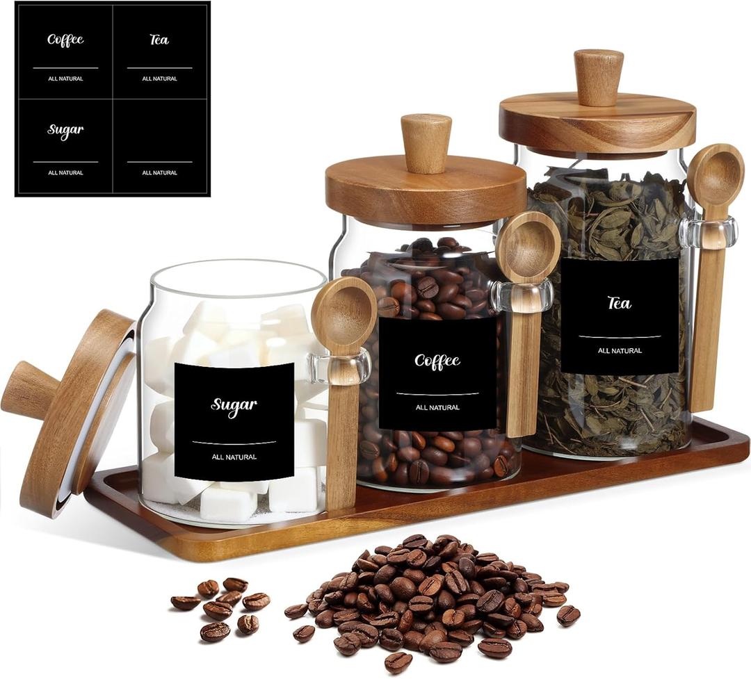 Suclain 3 Pcs Glass Coffee Container with Wooden Lid Spoon Shelf Labels Clear Airtight Jar Food Storage Canister Set for Sugar Spice Coffee Bean Holder Housewarming Gift(13.5,20,25 oz,Acacia Brown)