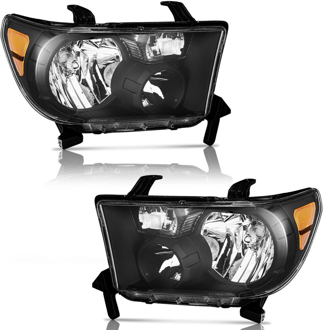 For 2007-2013 Toyota Tundra (Fits Models WITHOUT Level Adjuster Only) Headlights Replacement For 2008-2017 Toyota Sequoia (Fits 12-14 Sequoia Models WITHOUT Headlight Washer Only) (Clear Lens I Black Housing I Amber Reflector)