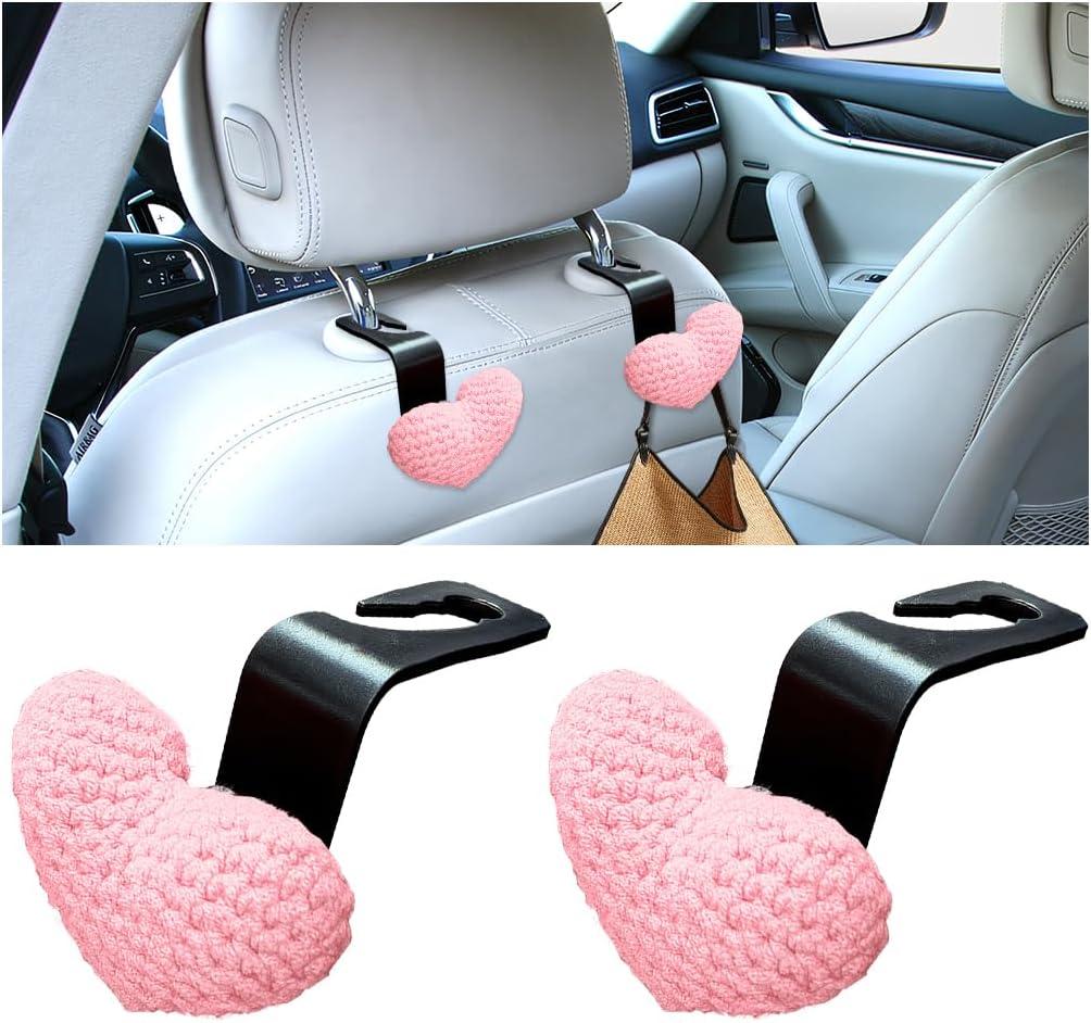 2PCS Car Headrest Hook, Cute Wool Heart Vehicle Seat Hangers for Umbrellas Grocery Bags, Automotive Interior Backseat Storage Organizer Hook, Universal for SUV, Sedan, Truck (Pink)