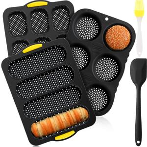 Set of 5 Silicone Hamburger Bun Mold 4 6 9 Cup Hamburger Bun Pan with Spatula Brush Nonstick Pans for Baking Homemade Bread Loaf Sandwich Baking Tray, Fridge Dishwasher Microwave Safe