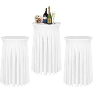 Cocktail Table Covers - 3 Pack 32"x 43" White Cocktail Table Tablecloth with Natural Wavy Round Skirt for Bar Wedding Party Banquet