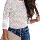 Lace Undershirt for Women Mesh Long Sleeve Floral Crochet Tops Sheer Layering Blouse Western Cowgirl Concert Outfits (White, M)