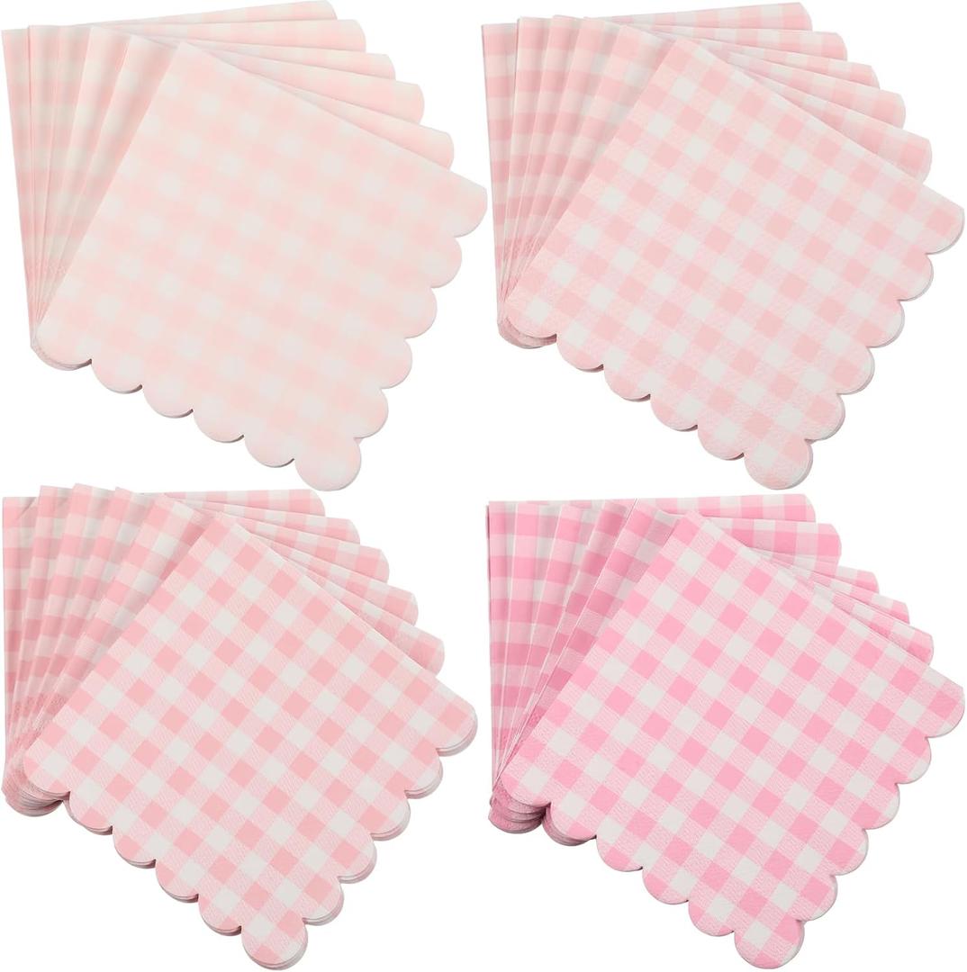 240 Pcs Scalloped Cocktail Napkins Bulk 5 x 5 Inch Gingham Plaid Paper Napkins Disposable Gradient Color Decorative for Wedding Birthday Bridal Anniversary Party Supplies(Pink)