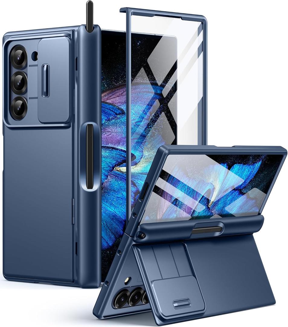 BERFY for Samsung Galaxy Z Fold 6 Case with S Pen Holder, [Built-in Screen Protector & Kickstand & Slide Camera Cover] Full Body Heavy Duty Shockproof Slim Hard Phone Case for Samsung Z Fold 6, Blue