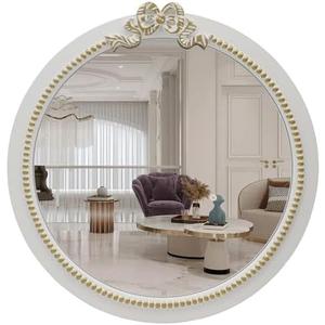 Vintage Round Wall Mirror 20inch Farmhouse Wooden Vanity Mirror for Wall Decor, Decorative Antique White Bathroom Mirrors, Traditional Art Home Bow Decor for Dressing Table, Living Room or Bedroom