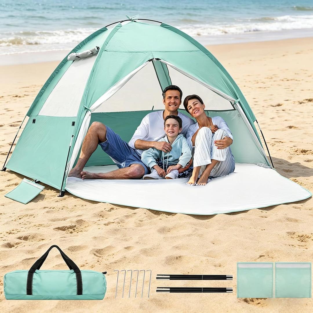 Beach Tent for 3-4 Person, Large Easy Setup Beach Shade Canopy with UPF 50 UV Protection, Portable Shade Tent with 3 Ventilating Mesh Windows for Outdoor, Picnics, Fishing