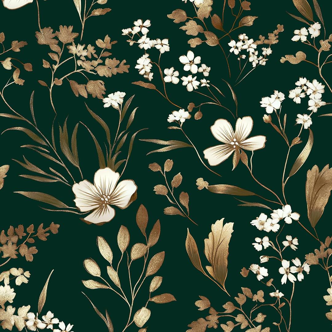 Green Floral Peel and Stick Wallpaper Dark Gold Leaf Wallpaper Vintage Contact Paper 17.5in x 32.8ft Removable Self Adhesive Vinyl Wall Boho Mural Wall Paper for Walls Bedroom Kitchen Drawer