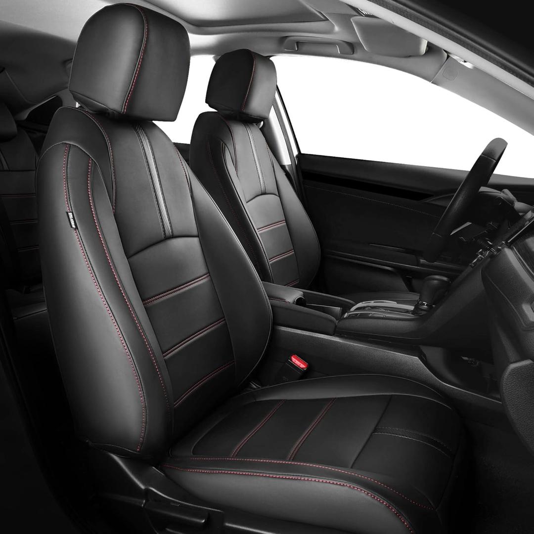 Seat Covers for Honda Civic Sedan LX 2016 2017 2018 2019 2020 2021, Faux Leather Car Seats Cover Full Set Waterproof, Black Red Line (Solid Rear Seatback - No Rear Armrest)