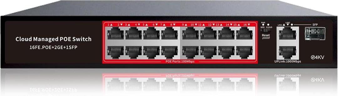 PoE Switch, 16 Port Managed POE+ Ethernet Switch(16 POE+ Ports+2 Gigabit Uplink,1 x 1.25G SFP), 240W Built-in Power, Support VLAN, QoS, Fanless Metal, Plug & Play(Wall Mount/Rack Mount)