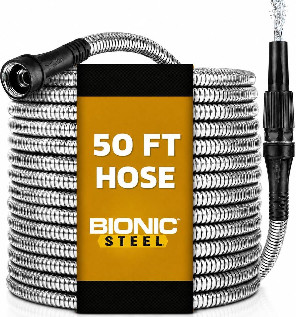 BIONIC STEEL 50 Ft Metal Garden Hose with Sprayer Nozzle, Non Kinking Designed Stainless Steel Heavy Duty Water Hose 50Ft x 5/8 in. Ultra Flexible NON Expandable for Uninterrupted Water Flow, 500 PSI