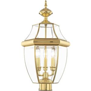 Livex Lighting Lantern 2354-02 Monterey 3 Light Outdoor Polished Brass Finish Solid Brass Post Head with Clear Beveled Glass, 17" x 9" x 11"
