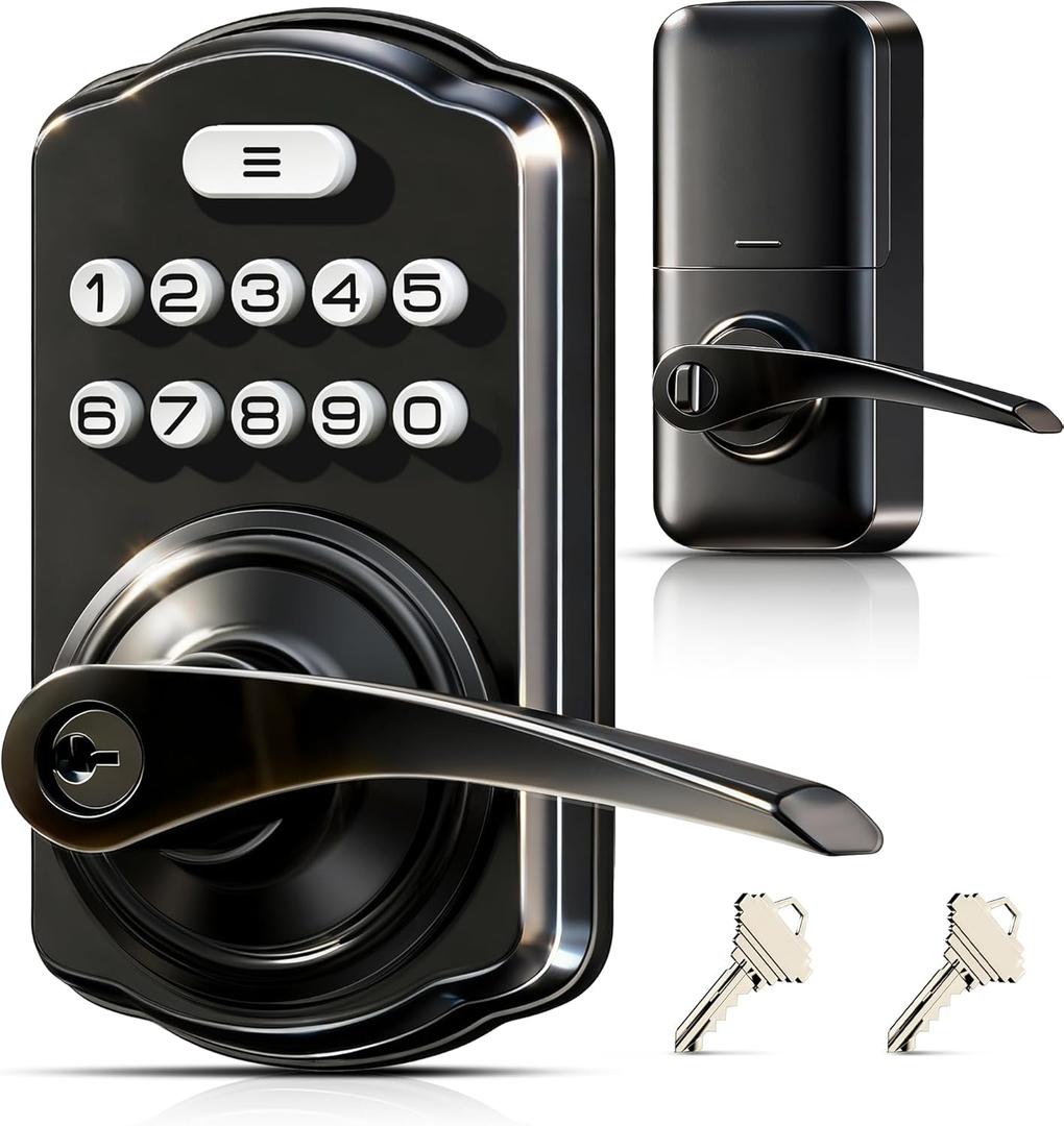 Veise Keypad Door Lock with Handle, Keyless Entry for Front Door & Bedroom, Electronic Lock with Code, Auto-Locking, Easy Installation, Passage Mode, Matte Black
