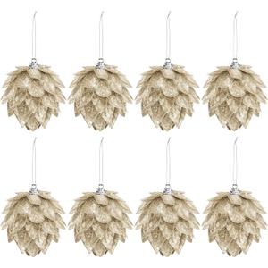 Jetec 8 Pieces Christmas Ornaments Glitter Christmas Tree Hanging Decoration Decorative Artificial Pine Cones Flowers Hanging Ornaments for Winter Wreath Holiday Decor(Champagne Gold)