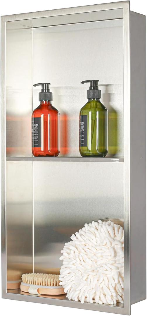 Stainless Steel no Tile Needed Metal Niche,Double ShelvesStainless Steel Finished Shower Insert Wall Niche(Brush, 24 * 12 in)