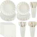 350 Pcs Scalloped Paper Plates Shell Edge Disposable Tableware Cocktail Napkins Cups Plastic Spoons Forks Knives for Wedding Baby Shower Picnic Birthday Party Supply for 50 Guests (Cream White)