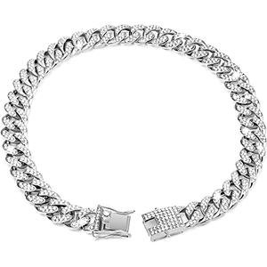 Tallew Silver Dog Chain Diamond Collar Walking Metal Chain Necklace with Secure Buckle Pet Cuban Style Collar Jewelry Accessories for Small Medium Large Dog Cats (8 inch)